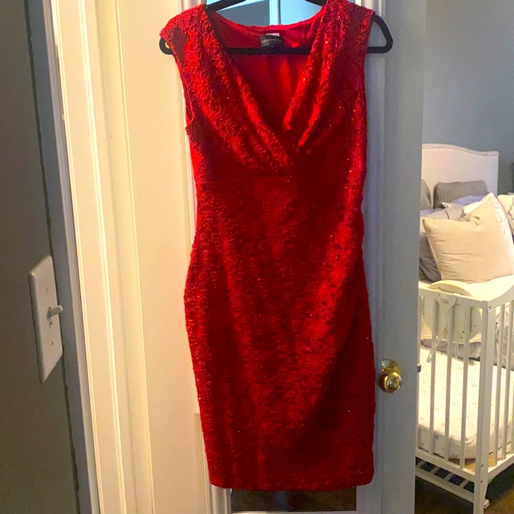 Red - sparkly casual dress .